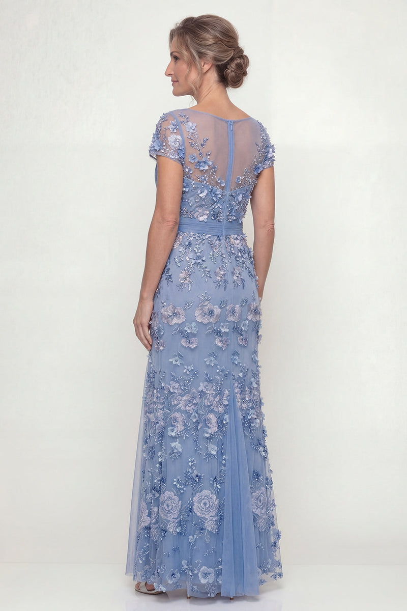 Laden Sie das Bild in den Galerie-Viewer, Staubiges Blau A-Linie Kurzärmel Mutter der Braut Kleid mit Applikationen