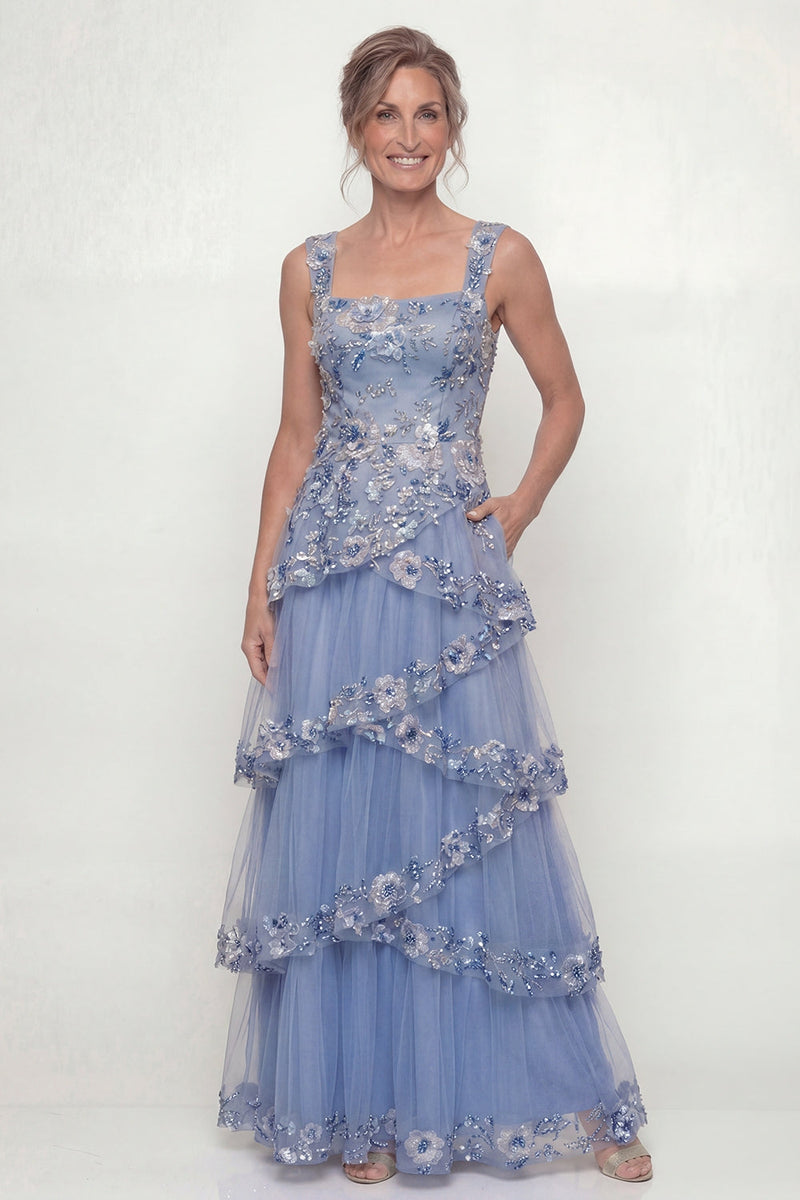 Laden Sie das Bild in den Galerie-Viewer, Staubiges Blaues Rüschen A-Linie Pailletten Langes Mutter der Braut Kleid mit Taschen