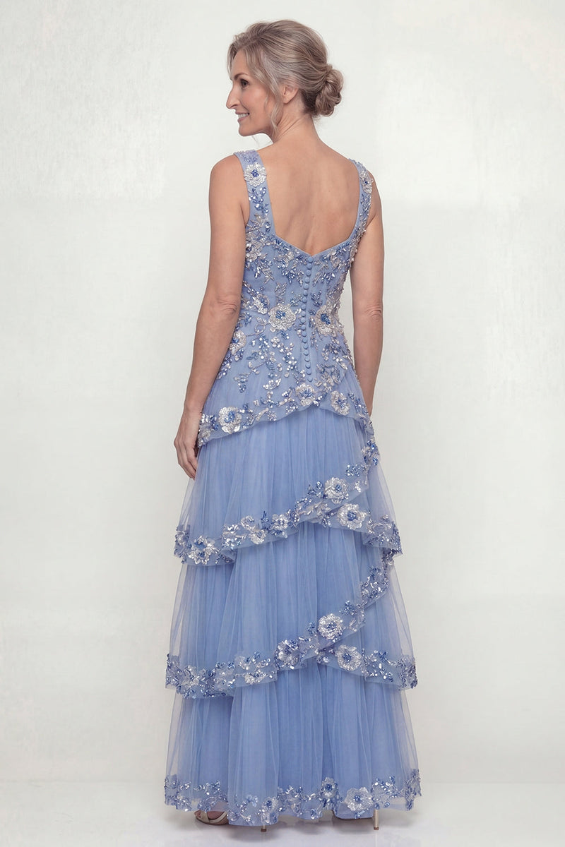 Laden Sie das Bild in den Galerie-Viewer, Staubiges Blaues Rüschen A-Linie Pailletten Langes Mutter der Braut Kleid mit Taschen