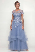 Laden Sie das Bild in den Galerie-Viewer, Staubiges Blau Besticktes Kurzärmel Mutter der Braut Kleid mit Rüschen