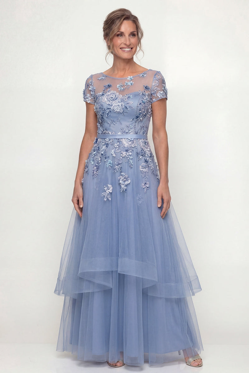 Laden Sie das Bild in den Galerie-Viewer, Staubiges Blau Besticktes Kurzärmel Mutter der Braut Kleid mit Rüschen