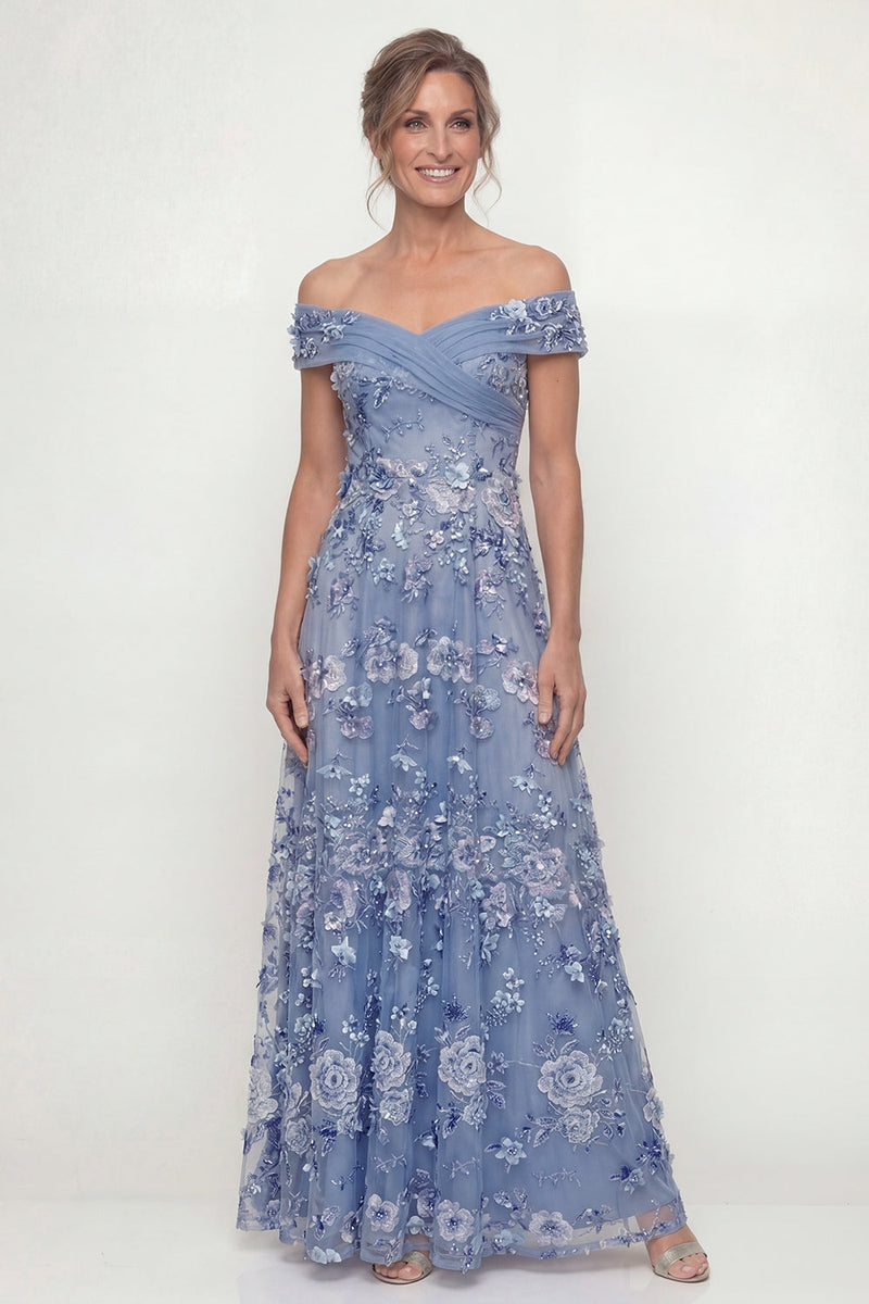 Laden Sie das Bild in den Galerie-Viewer, Staubiges Blau A-Linie Schulterfreies Stickerei Langes Mutter der Braut Kleid