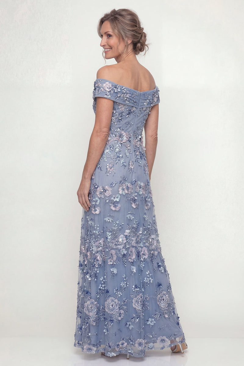Laden Sie das Bild in den Galerie-Viewer, Staubiges Blau A-Linie Schulterfreies Stickerei Langes Mutter der Braut Kleid