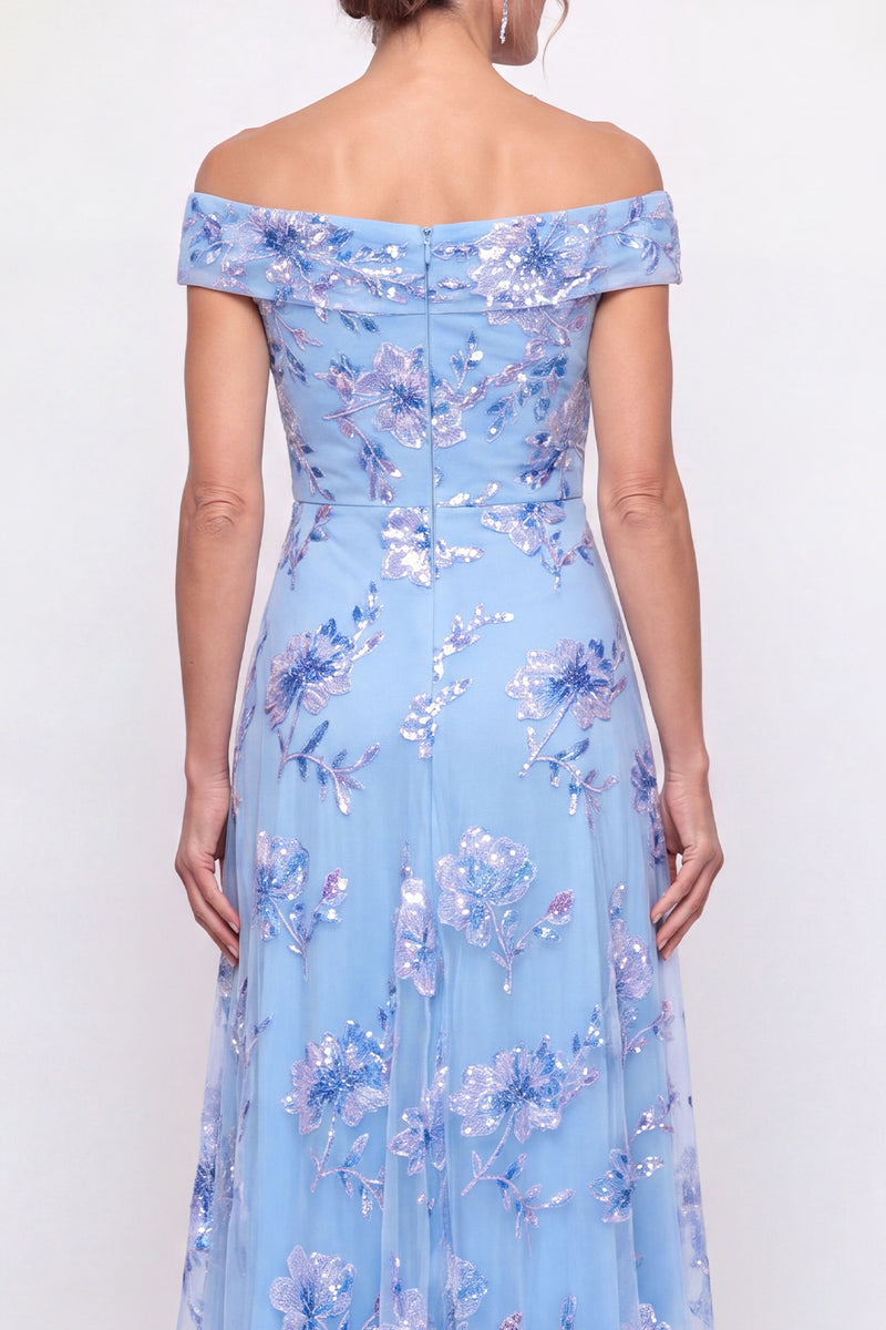 Laden Sie das Bild in den Galerie-Viewer, Staubiges Blau A-Linie Schulterfreies Stickerei Langes Mutter der Braut Kleid