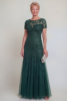 Laden Sie das Bild in den Galerie-Viewer, Applizierte eine Linie dunkelgrünes Rundhals-Brautkleid