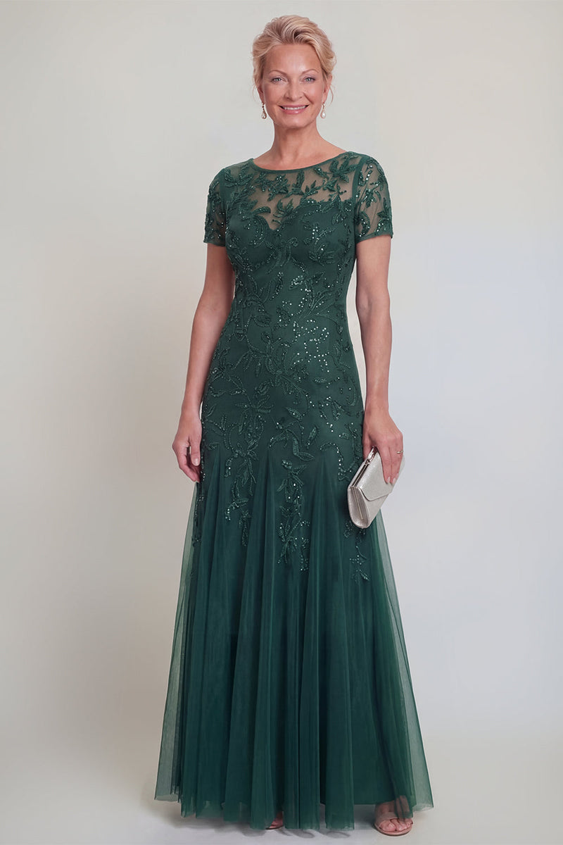 Laden Sie das Bild in den Galerie-Viewer, Applizierte eine Linie dunkelgrünes Rundhals-Brautkleid