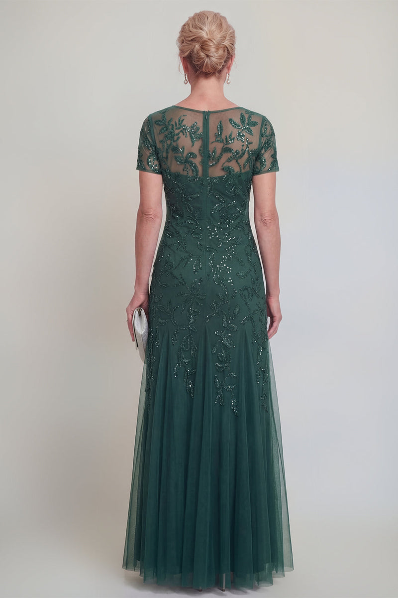 Laden Sie das Bild in den Galerie-Viewer, Applizierte eine Linie dunkelgrünes Rundhals-Brautkleid