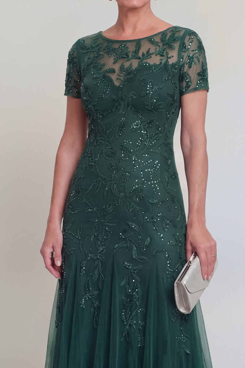 Laden Sie das Bild in den Galerie-Viewer, Applizierte eine Linie dunkelgrünes Rundhals-Brautkleid