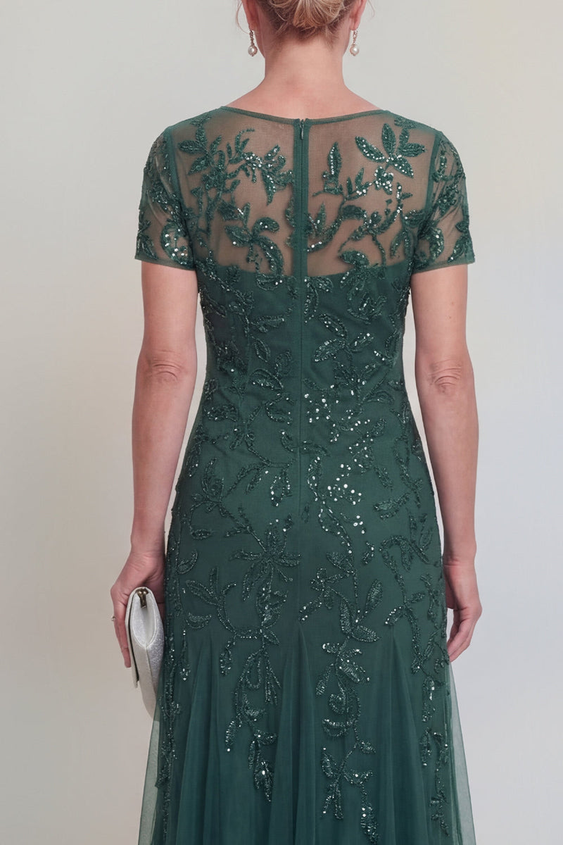 Laden Sie das Bild in den Galerie-Viewer, Applizierte eine Linie dunkelgrünes Rundhals-Brautkleid