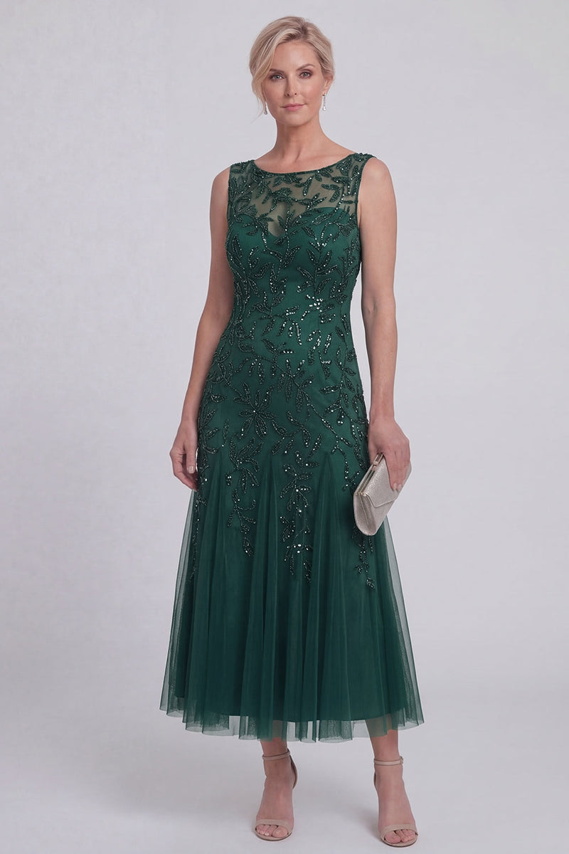 Laden Sie das Bild in den Galerie-Viewer, Dunkelgrünes Blumenmuster A-Linien-perlenbesetzter Bootsausschnitt Lange Mutter-der-Braut-Kleid
