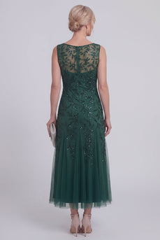 Dunkelgrünes Blumenmuster A-Linien-perlenbesetzter Bootsausschnitt Lange Mutter-der-Braut-Kleid