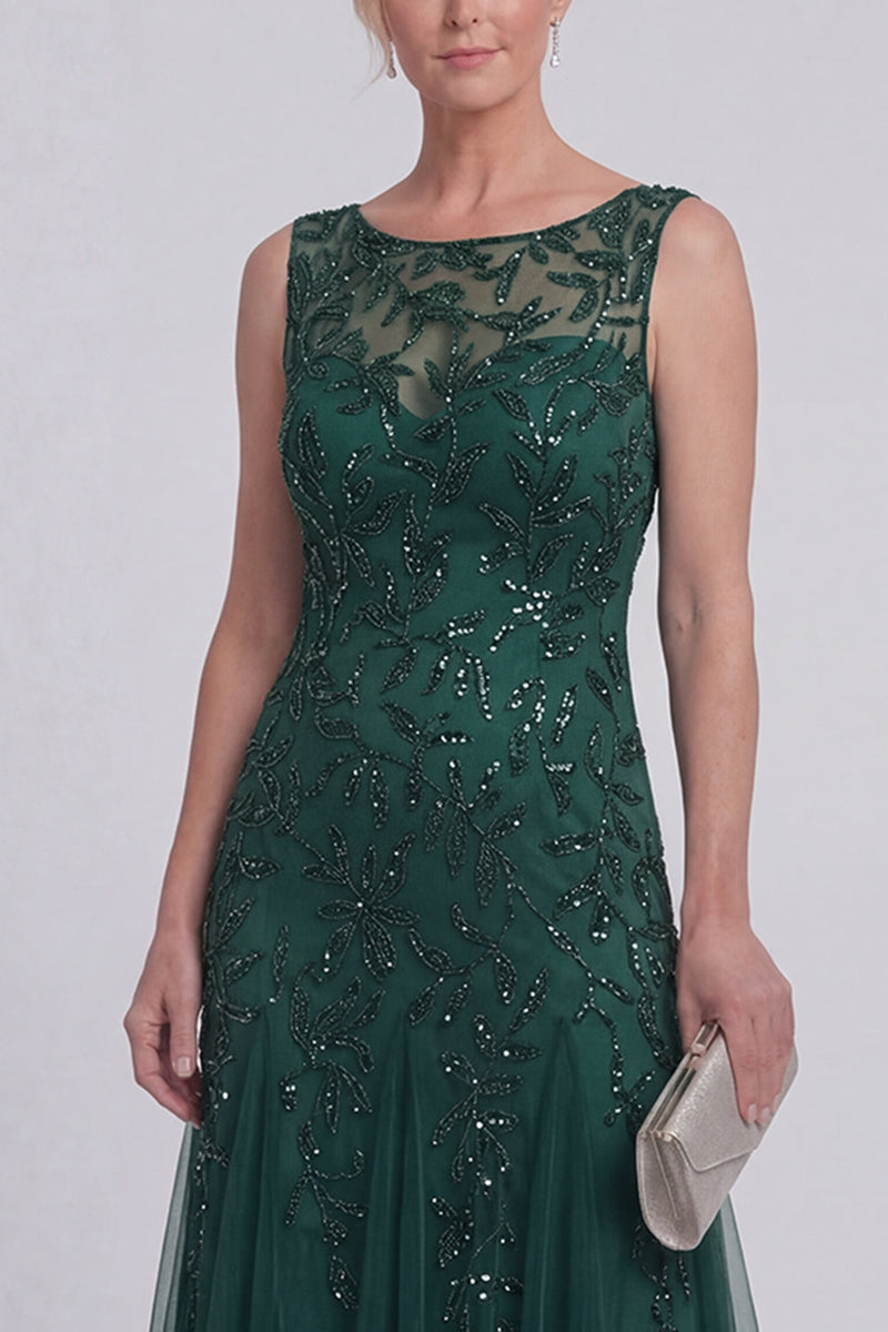 Laden Sie das Bild in den Galerie-Viewer, Dunkelgrünes Blumenmuster A-Linien-perlenbesetzter Bootsausschnitt Lange Mutter-der-Braut-Kleid
