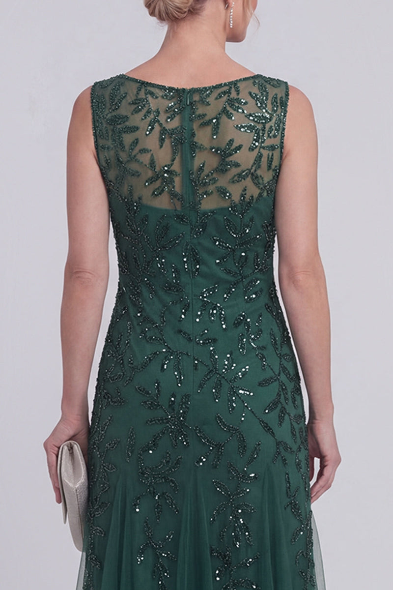 Laden Sie das Bild in den Galerie-Viewer, Dunkelgrünes Blumenmuster A-Linien-perlenbesetzter Bootsausschnitt Lange Mutter-der-Braut-Kleid