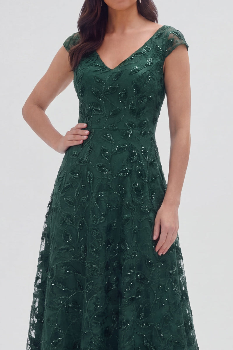 Laden Sie das Bild in den Galerie-Viewer, Dunkelgrüner Blumen-V-Ausschnitt A-Linie Mützenärmel lange Mutter der Braut Kleid