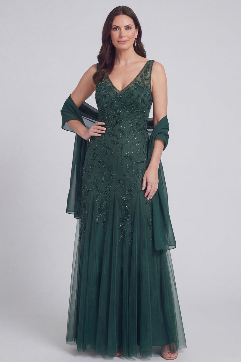 Laden Sie das Bild in den Galerie-Viewer, Graublauer Blumen-V-Ausschnitt A-Linie Tüll Langes Mutter-der-Braut-Kleid