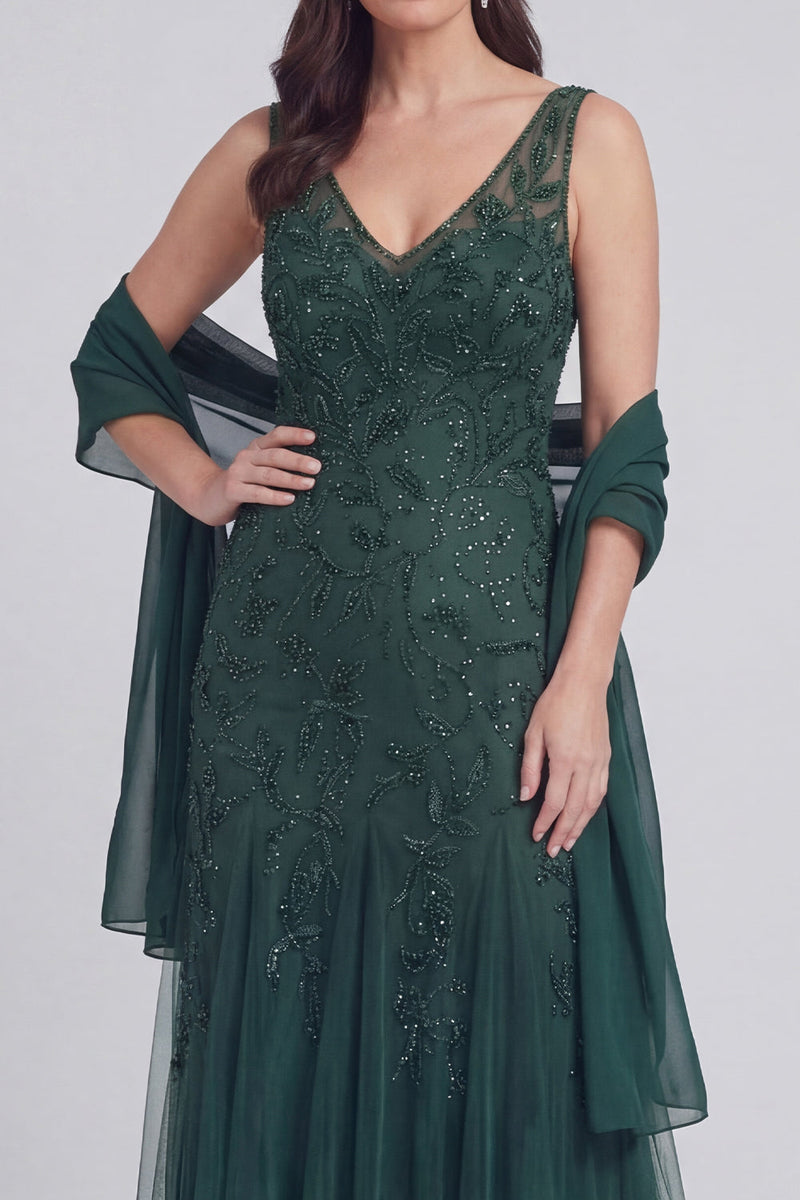 Laden Sie das Bild in den Galerie-Viewer, Graublauer Blumen-V-Ausschnitt A-Linie Tüll Langes Mutter-der-Braut-Kleid