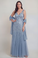 Laden Sie das Bild in den Galerie-Viewer, Graublauer Blumen-V-Ausschnitt A-Linie Tüll Langes Mutter-der-Braut-Kleid