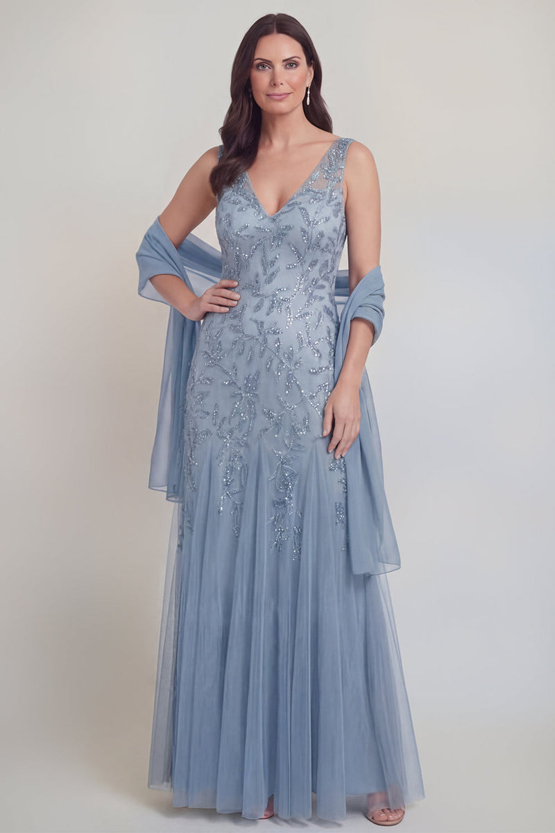 Laden Sie das Bild in den Galerie-Viewer, Graublauer Blumen-V-Ausschnitt A-Linie Tüll Langes Mutter-der-Braut-Kleid