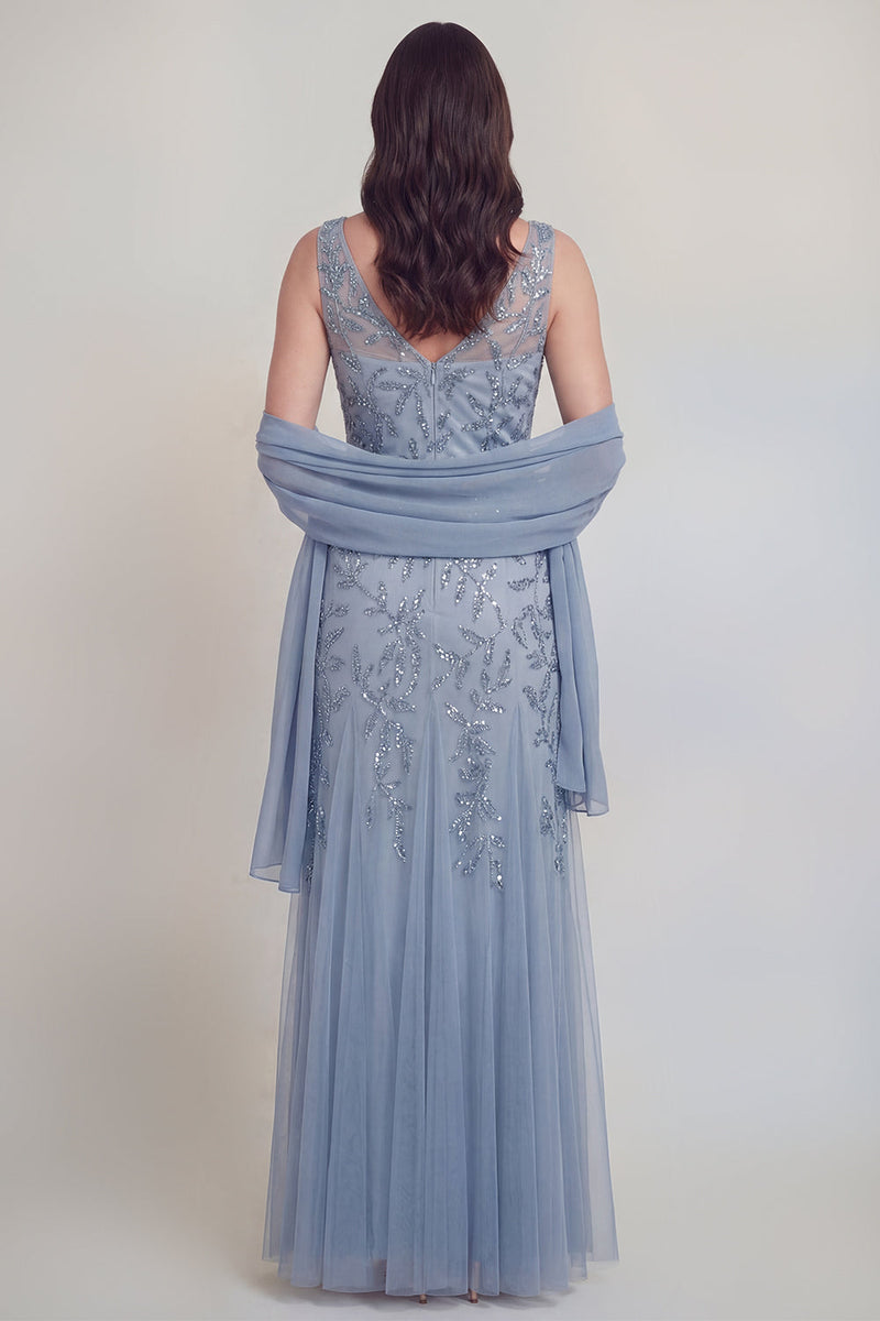 Laden Sie das Bild in den Galerie-Viewer, Graublauer Blumen-V-Ausschnitt A-Linie Tüll Langes Mutter-der-Braut-Kleid