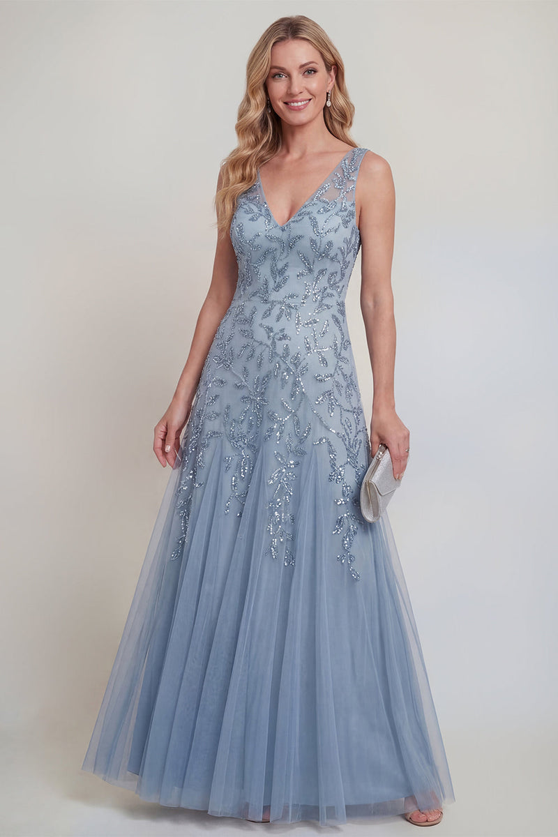 Laden Sie das Bild in den Galerie-Viewer, Graublauer Blumen-V-Ausschnitt A-Linie Tüll Langes Mutter-der-Braut-Kleid