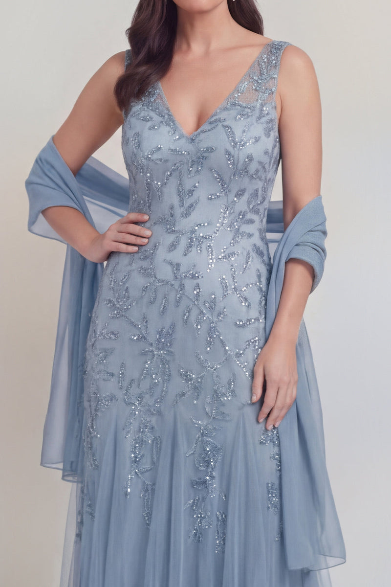 Laden Sie das Bild in den Galerie-Viewer, Graublauer Blumen-V-Ausschnitt A-Linie Tüll Langes Mutter-der-Braut-Kleid