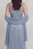 Laden Sie das Bild in den Galerie-Viewer, Graublauer Blumen-V-Ausschnitt A-Linie Tüll Langes Mutter-der-Braut-Kleid
