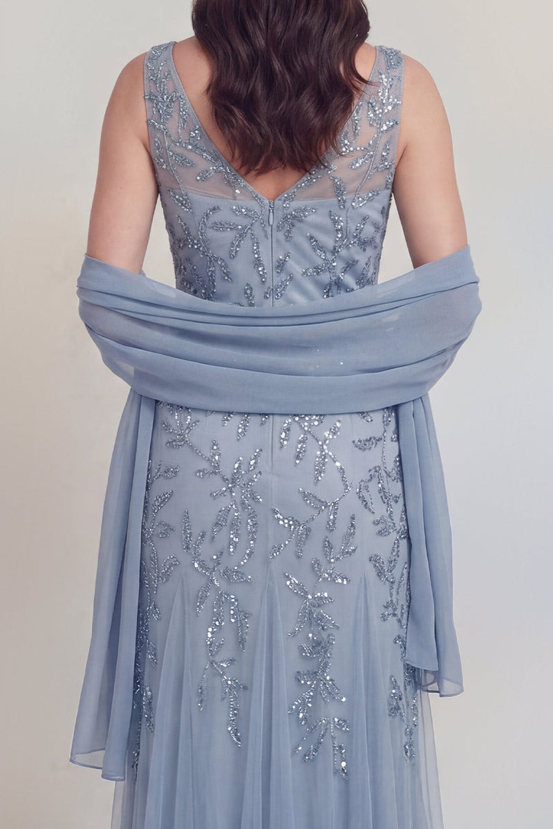 Laden Sie das Bild in den Galerie-Viewer, Graublauer Blumen-V-Ausschnitt A-Linie Tüll Langes Mutter-der-Braut-Kleid