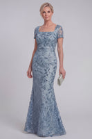 Laden Sie das Bild in den Galerie-Viewer, Graublaue Geblümte Spitze Meerjungfrauen Pailletten Langes Mutter-der-Braut-Kleid mit Ärmeln