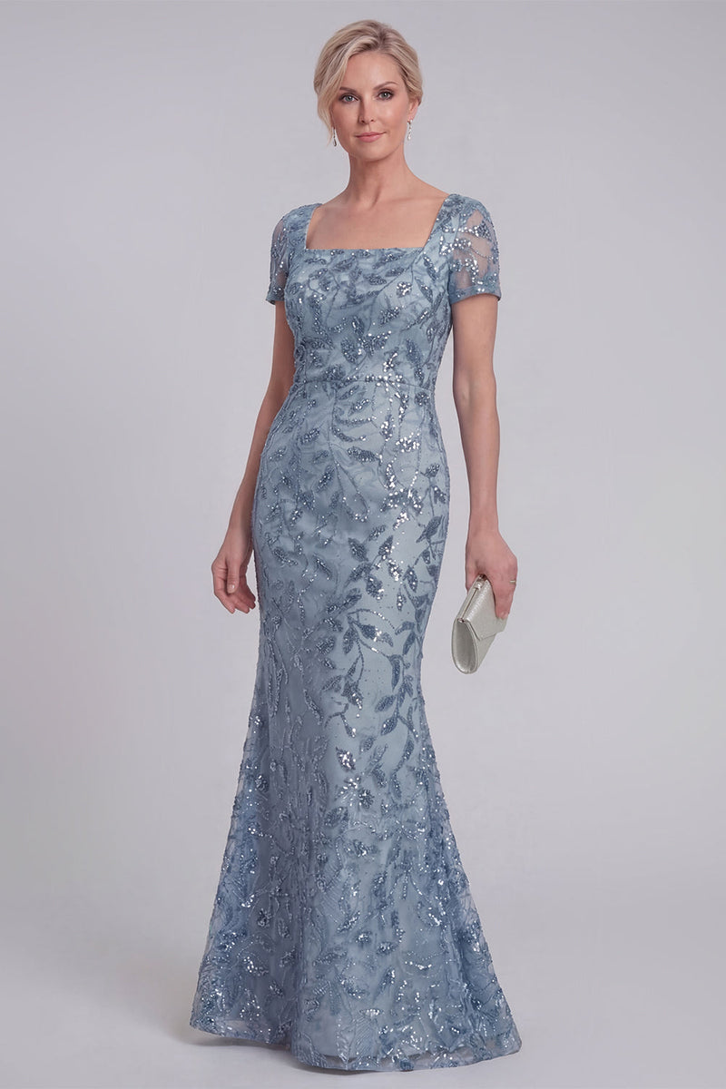 Laden Sie das Bild in den Galerie-Viewer, Graublaue Geblümte Spitze Meerjungfrauen Pailletten Langes Mutter-der-Braut-Kleid mit Ärmeln