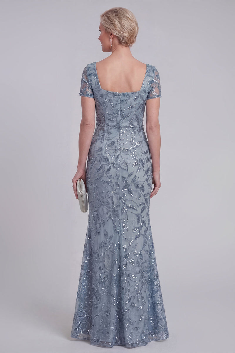 Laden Sie das Bild in den Galerie-Viewer, Graublaue Geblümte Spitze Meerjungfrauen Pailletten Langes Mutter-der-Braut-Kleid mit Ärmeln