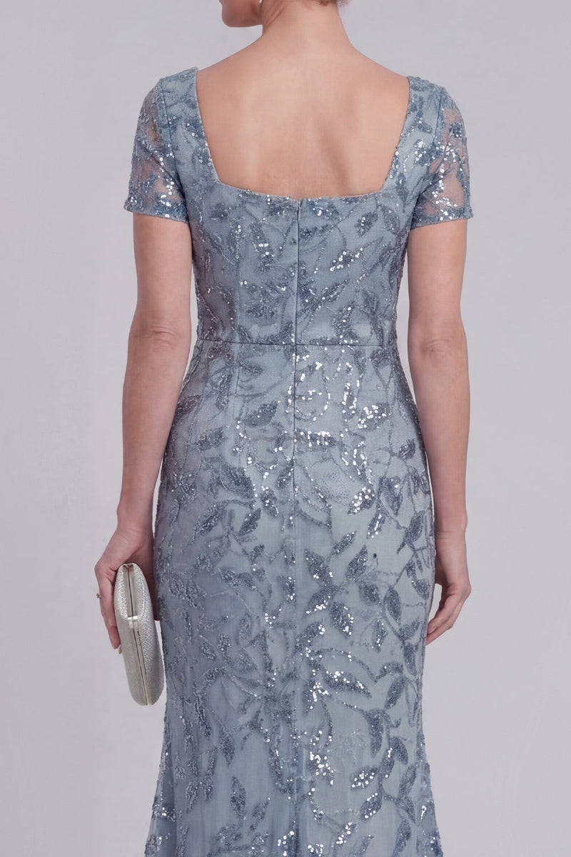 Laden Sie das Bild in den Galerie-Viewer, Graublaue Geblümte Spitze Meerjungfrauen Pailletten Langes Mutter-der-Braut-Kleid mit Ärmeln