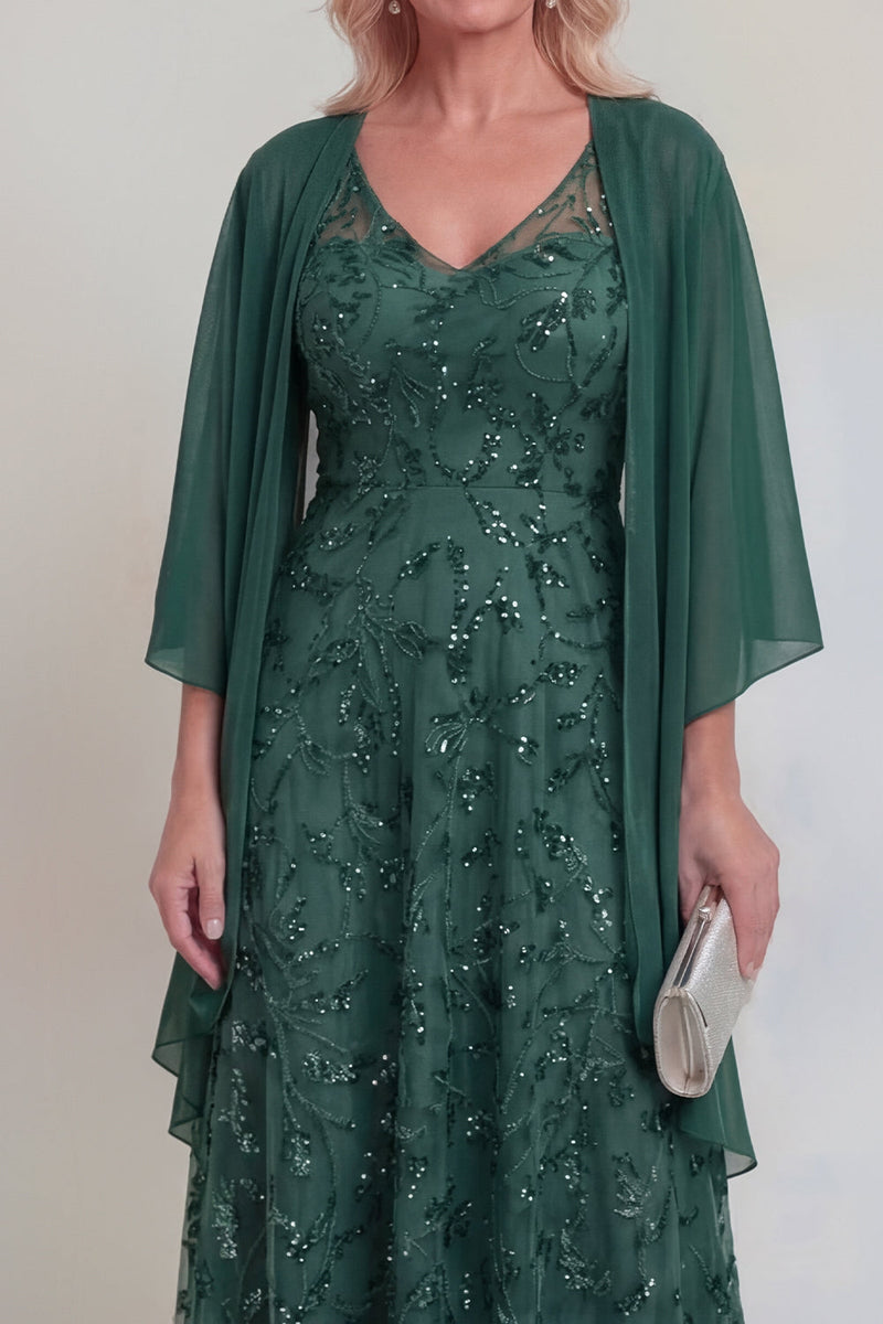 Laden Sie das Bild in den Galerie-Viewer, Marineblaue Spitzen-Blumen A-Linie Pailletten Langes Mutter-der-Braut-Kleid mit Jacke