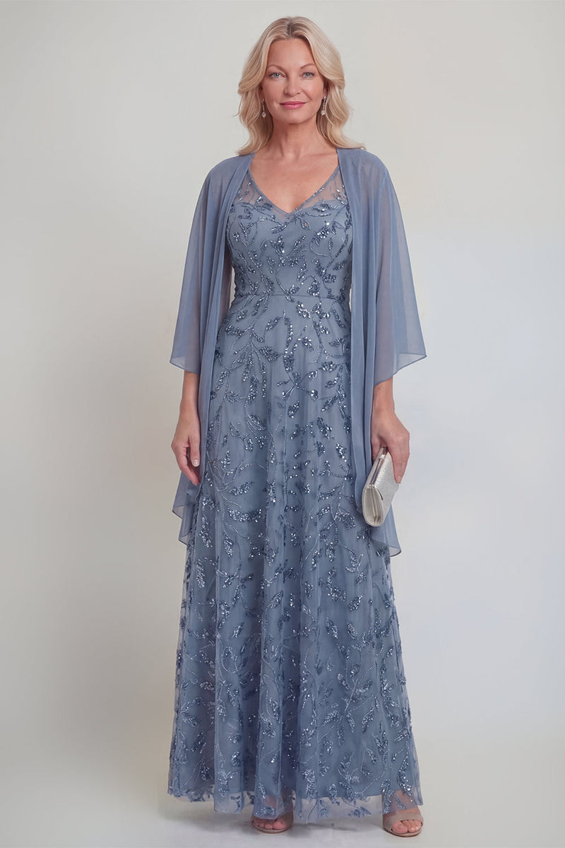 Laden Sie das Bild in den Galerie-Viewer, Marineblaue Spitzen-Blumen A-Linie Pailletten Langes Mutter-der-Braut-Kleid mit Jacke