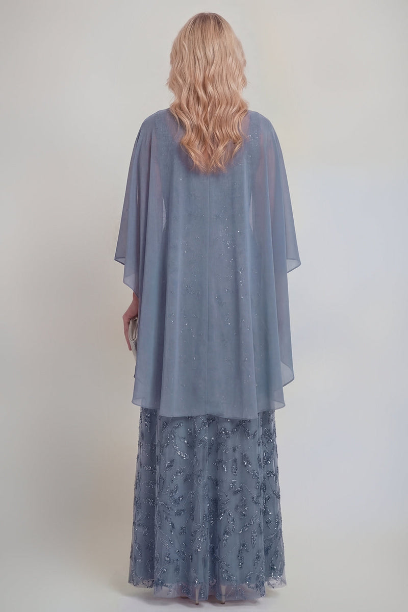 Laden Sie das Bild in den Galerie-Viewer, Marineblaue Spitzen-Blumen A-Linie Pailletten Langes Mutter-der-Braut-Kleid mit Jacke