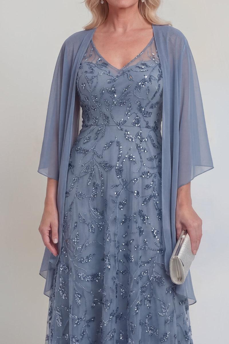 Laden Sie das Bild in den Galerie-Viewer, Marineblaue Spitzen-Blumen A-Linie Pailletten Langes Mutter-der-Braut-Kleid mit Jacke