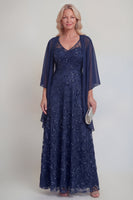 Laden Sie das Bild in den Galerie-Viewer, Marineblaue Spitzen-Blumen A-Linie Pailletten Langes Mutter-der-Braut-Kleid mit Jacke