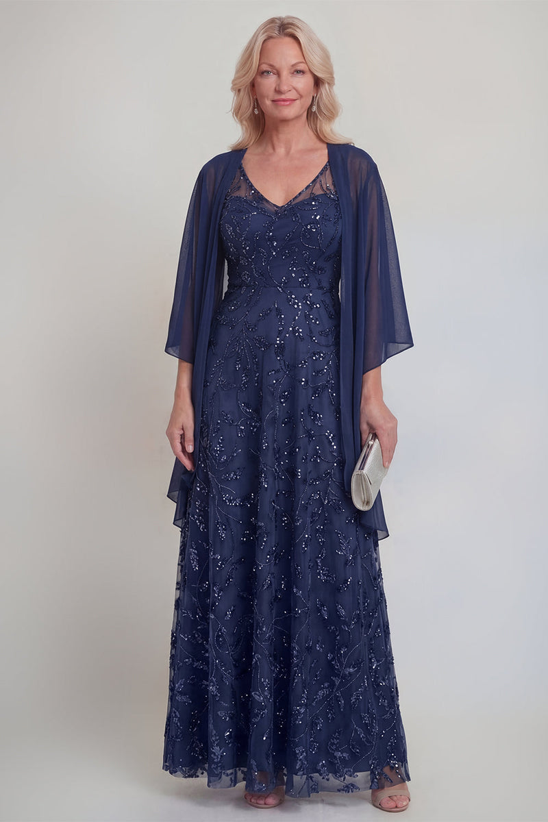 Laden Sie das Bild in den Galerie-Viewer, Marineblaue Spitzen-Blumen A-Linie Pailletten Langes Mutter-der-Braut-Kleid mit Jacke