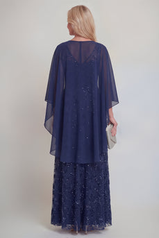 Marineblaue Spitzen-Blumen A-Linie Pailletten Langes Mutter-der-Braut-Kleid mit Jacke