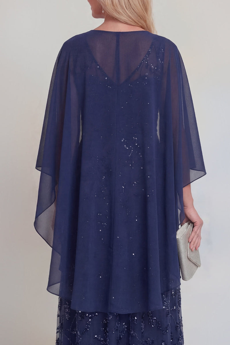 Laden Sie das Bild in den Galerie-Viewer, Marineblaue Spitzen-Blumen A-Linie Pailletten Langes Mutter-der-Braut-Kleid mit Jacke