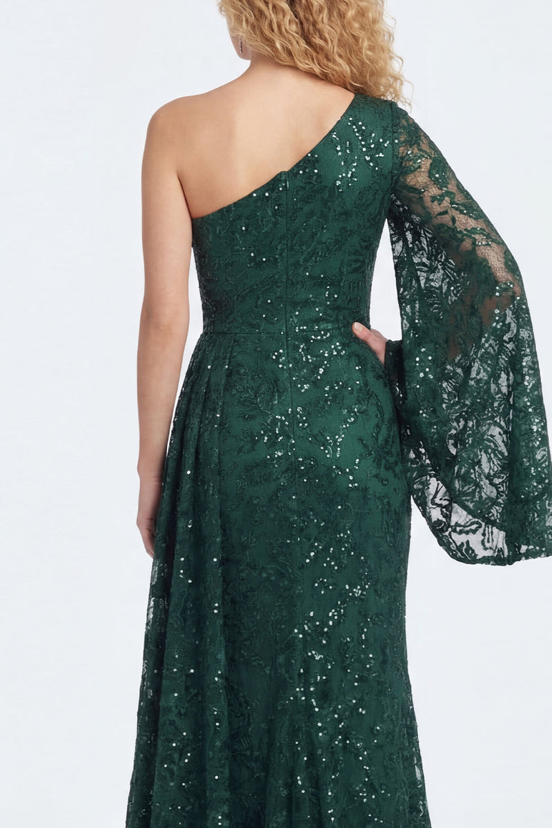 Laden Sie das Bild in den Galerie-Viewer, Dunkelgrünes Spitzen-Meerjungfrau-Kleid mit einer schulterlangen Mutter der Braut und Ärmeln