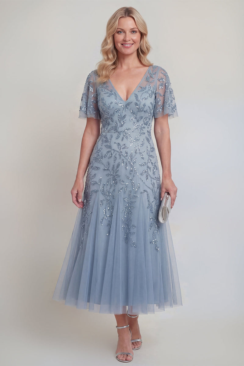 Laden Sie das Bild in den Galerie-Viewer, Graublaue Tüll-Pailletten V-Ausschnitt langes Mutter-der-der-Braut-Kleid mit Ärmeln