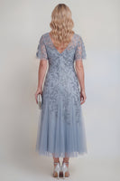 Laden Sie das Bild in den Galerie-Viewer, Graublaue Tüll-Pailletten V-Ausschnitt langes Mutter-der-der-Braut-Kleid mit Ärmeln