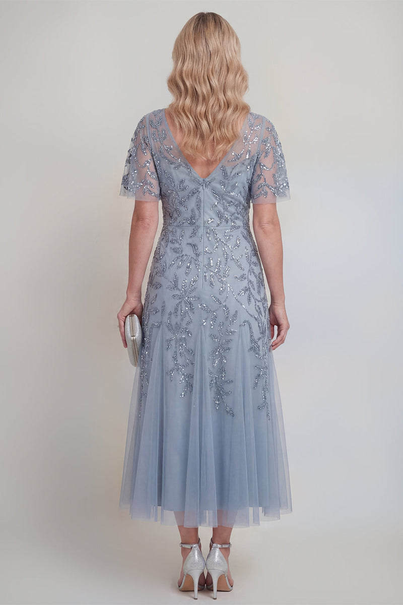 Laden Sie das Bild in den Galerie-Viewer, Graublaue Tüll-Pailletten V-Ausschnitt langes Mutter-der-der-Braut-Kleid mit Ärmeln