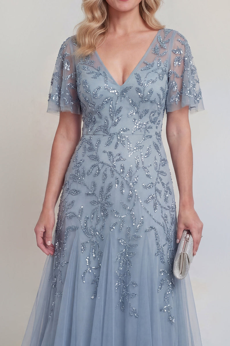 Laden Sie das Bild in den Galerie-Viewer, Graublaue Tüll-Pailletten V-Ausschnitt langes Mutter-der-der-Braut-Kleid mit Ärmeln