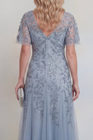 Laden Sie das Bild in den Galerie-Viewer, Graublaue Tüll-Pailletten V-Ausschnitt langes Mutter-der-der-Braut-Kleid mit Ärmeln