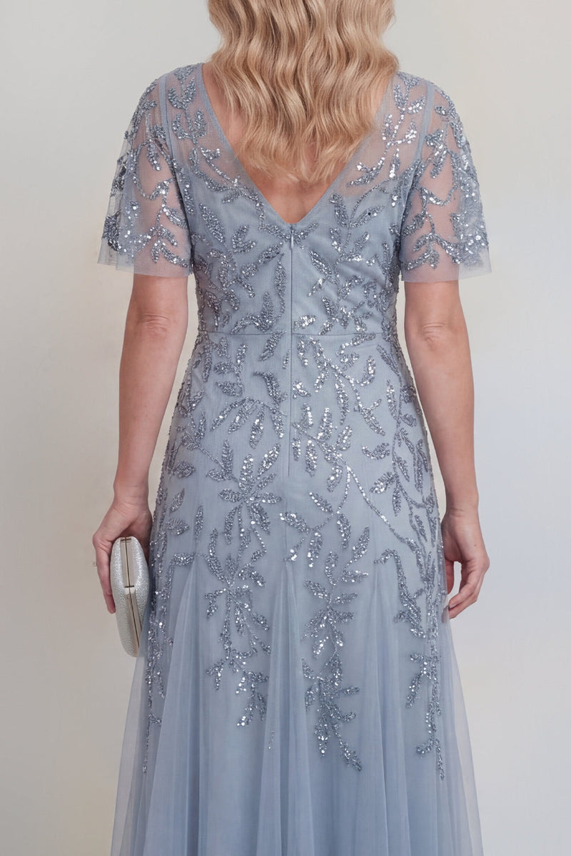 Laden Sie das Bild in den Galerie-Viewer, Graublaue Tüll-Pailletten V-Ausschnitt langes Mutter-der-der-Braut-Kleid mit Ärmeln