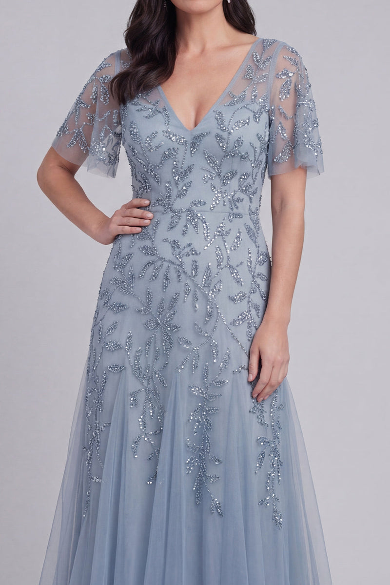 Laden Sie das Bild in den Galerie-Viewer, Graublaue Tüll-Pailletten V-Ausschnitt langes Mutter-der-der-Braut-Kleid mit Ärmeln