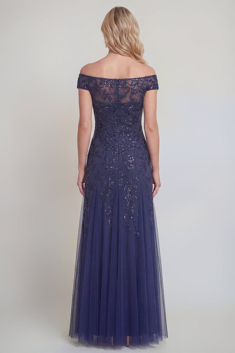 Laden Sie das Bild in den Galerie-Viewer, Marineblaue Tüll-Blumenpailletten abseits der Schulter lange Mutter der Braut Kleid