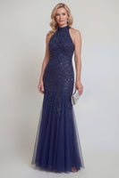 Laden Sie das Bild in den Galerie-Viewer, Marineblauer Tüll, Blumenpailletten, Neckholder, Meerjungfrau, lange Mutter der Braut, Kleid