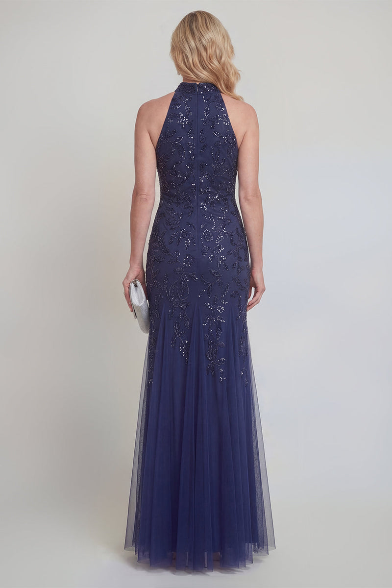 Laden Sie das Bild in den Galerie-Viewer, Marineblauer Tüll, Blumenpailletten, Neckholder, Meerjungfrau, lange Mutter der Braut, Kleid